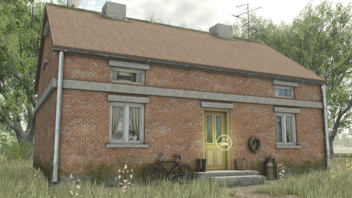 fs25-mods, In-game screenshot of a rustic brick house mod from Farming Simulator 25, with a bicycle, boots, and garden tools outside.
