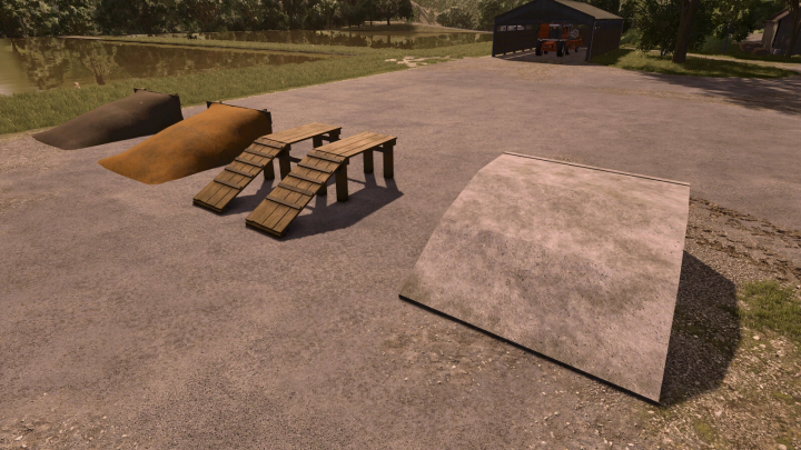 fs25-mods, Farming Simulator 25 mods featuring ramps, dirt mounds, and a concrete block for farming or construction activities in FS25.