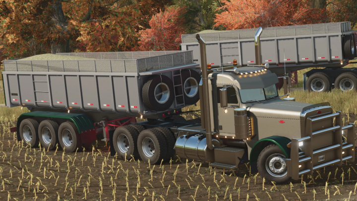 fs25-mods,  Farming Simulator 25 mod: Randon Basculante 2000 v1.0.0.0 dump trailer with dual tires, mounted on a farming field.