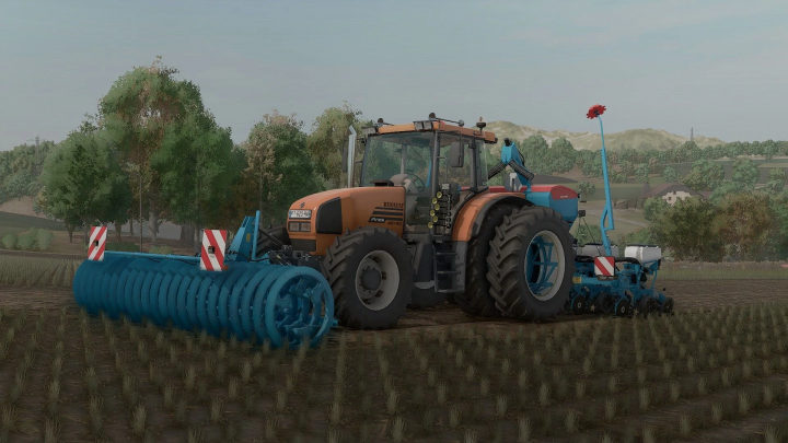 fs25-mods,  Farming Simulator 25 mod featuring a Renault 600 Ares tractor with blue cultivation equipment on a farm field.