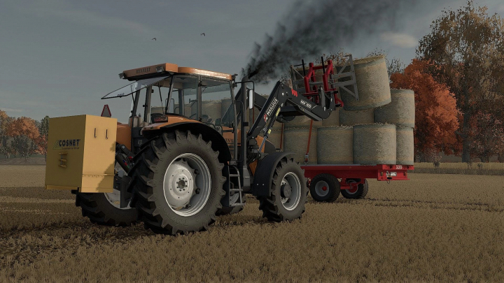 fs25-mods, Farming Simulator 25 mod: tractor with hay loader and stack of hay bales on a field, vintage farm equipment.