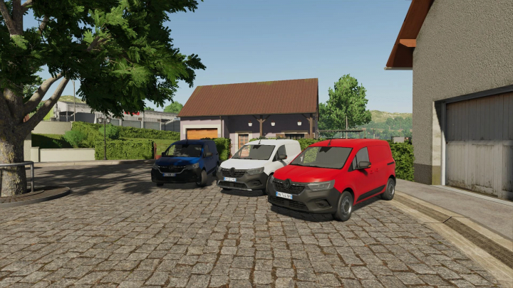 fs25-mods, Screenshot showing three Renault Kangoo L1H1 2024 vans in different colors, parked on a cobblestone surface in Farming Simulator 25 with popular FS25 mods.