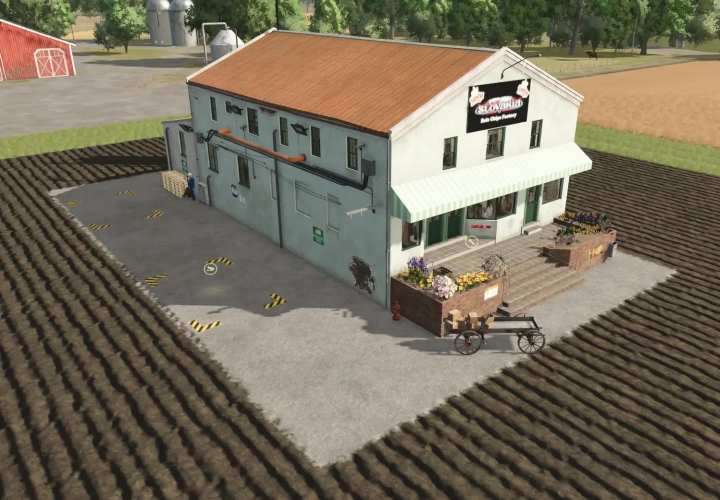 fs25-mods, Farming Simulator 25 mod: Rice Chips Factory building with flowers, parking, and surrounding farmland.