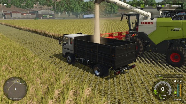 fs25-mods, Farming Simulator 25 mod scene with a Claas forage harvester loading rice into a truck, showcasing harvesting in the game.