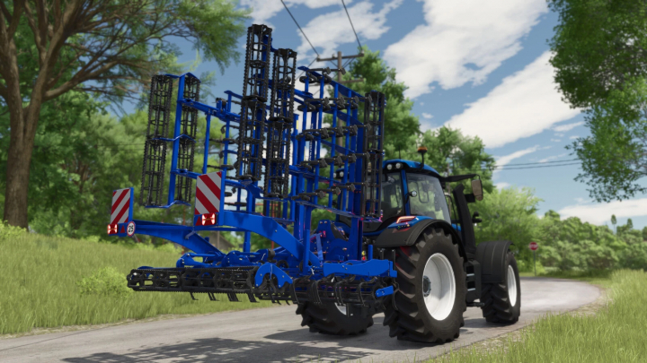 fs25-mods,  Farming Simulator 25 mod: Blue Rolmako U382 agricultural equipment attached to a tractor on a rural road, surrounded by green trees.