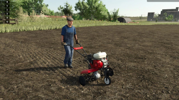 fs25-mods, Farmer using a rotary hoe mod in Farming Simulator 25 on a cultivated field, with trees and farm buildings in the background.