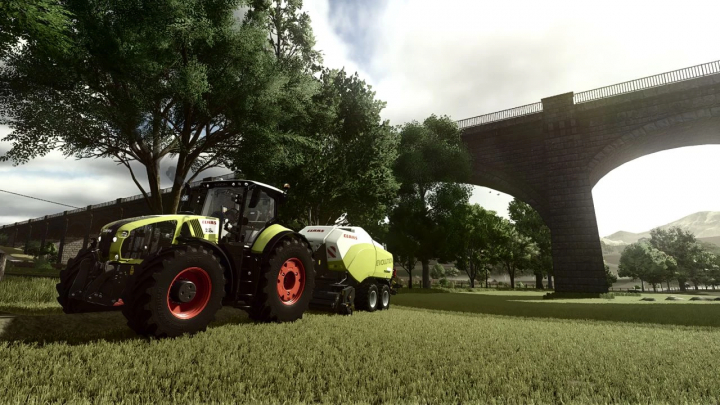 fs25-mods, Farming Simulator 25 mod: CLAAS tractor with DSIS for DLSS, depicted in a rural landscape with trees and a bridge.