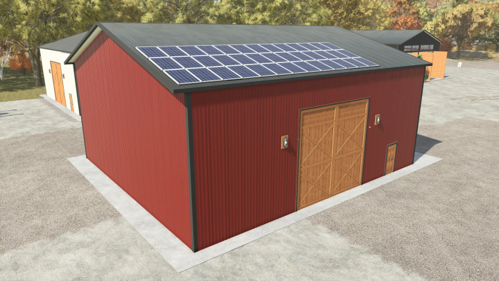 fs25-mods,  Farming Simulator 25 mod: Shed v1.0.0.0 with solar panels on the roof, used for storage or farm activities in FS25.