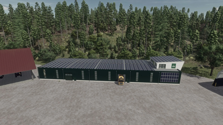 fs25-mods, Farming Simulator 25 mod featuring the Silverrun Forest Buildings Pack v1.0.1.0 with solar panels, set in a rural forest environment.