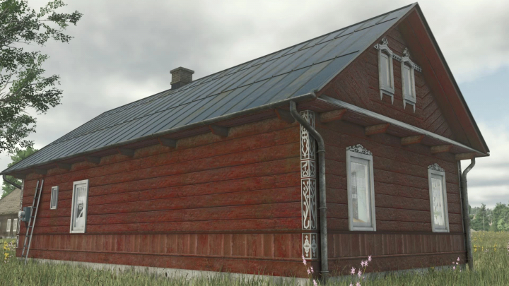 fs25-mods, Farming Simulator 25 mods: Small Polish old House v1.0.0.0, detailed wooden house with decorative white trims, in a rural landscape.