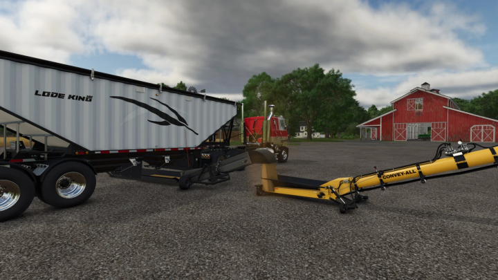 fs25-mods, Farming Simulator 25 mod showing a yellow drive-over conveyor with a semi-truck and red barn in the background.