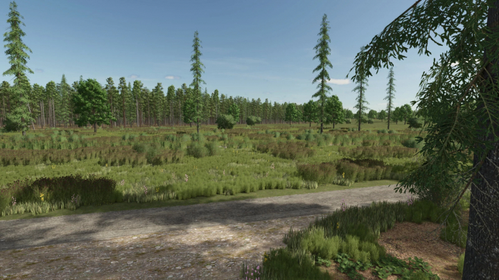 fs25-mods,  Farming Simulator 25 mod Sunshine Forest featuring lush green trees and a dirt path, ideal for Forestry farming activities in FS25 mods.