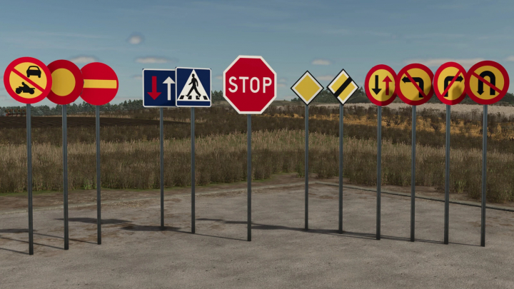 fs25-mods,  Collection of various traffic and road signs from Farming Simulator 25 mods, including stop, directional, and warning signs, placed on metal stakes.