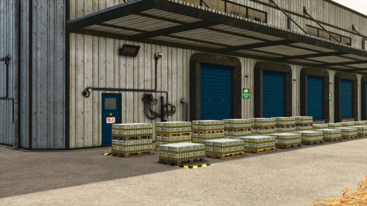 fs25-mods,  Warehouse exterior with blue loading bay doors and pallets of stacked crops, part of Farming Simulator 25 mods for crop storage.