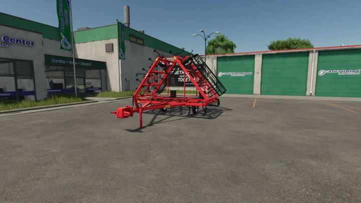 fs25-mods,  Farming Simulator 25 mods: Tehmash KPM-10 agricultural equipment parked outside an agricultural parts store.