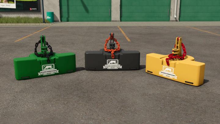 fs25-mods, Three colored weight conversion mods from Farming Simulator 25 in green, black, and yellow, with chains and the 'Virtuelle Landwirtschaft' logo.