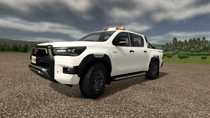 fs25-mods, Farming Simulator 25 mod: Toyota Hilux 2021 Edited v1.0.0.0, a white pickup truck with off-road tires and emergency lights on top, on a gravel road.