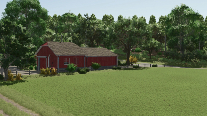 fs25-mods, Farming Simulator 25 mod: Red barn with trees and greenery, perfect for rural gameplay. US Refrigerated Hangar v1.0.0.0.