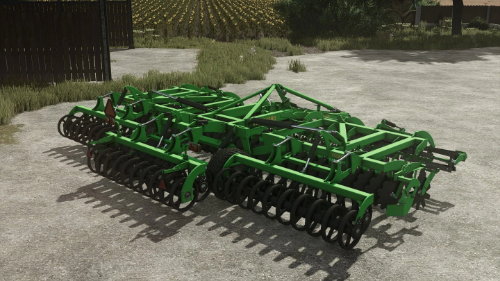 fs25-mods,  FS25 mod: Veles Agro Disc 8M v1.0.0.0, green agricultural disc harrow for Farming Simulator 25, detailed view of the farming equipment.