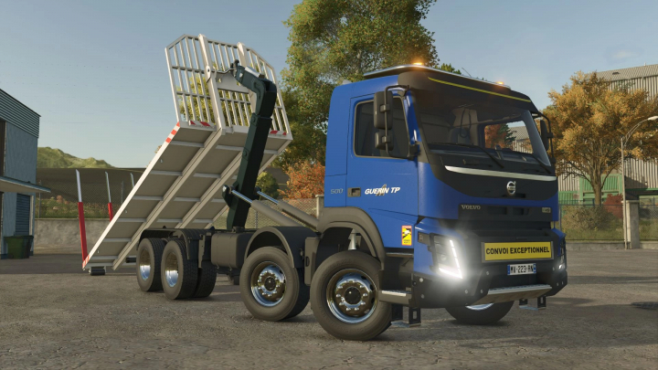 fs25-mods, Farming Simulator 25 mod: Volvo FMX Ampiroll 8x4 truck with hydraulic lift bed, featuring a yellow 'CONVOI EXCEPTIONNEL' sign and detailed textures.