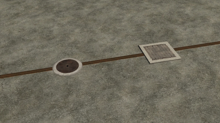 fs25-mods, Drain cover and manhole on a concrete surface in Farming Simulator 25 with WaterGate mod v1.0.0.0, part of FS25 mods.