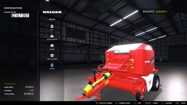 fs25-mods, Farming Simulator 25 mod showing the Welger RP 235 Profi baler in a virtual warehouse, with detailed specifications and in-game interface.