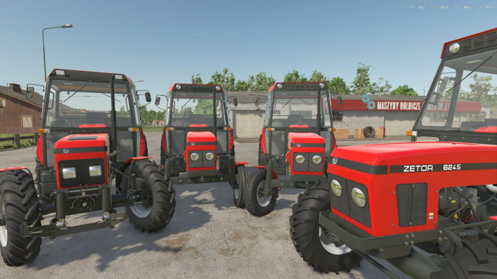 fs25-mods, Four Zetor tractors from Farming Simulator 25 mods, showing detailed front views in a farmyard.
