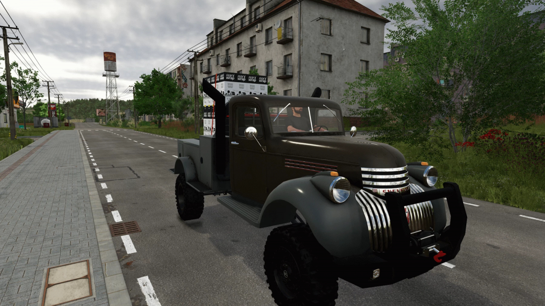 Farming Simulator 25 mod: 1941 Chevy welding truck v1.0.0.0, vintage black utility truck on city street.