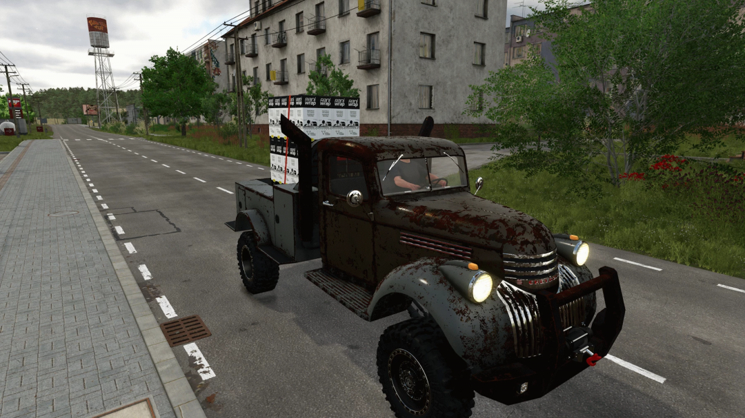 Rusty vintage Chevrolet truck with a cargo of boxes on a street in Farming Simulator 25, mod for FS25 mods.