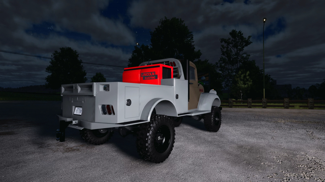 Farming Simulator 25 mods - 1941 Chevy welding truck with Lincoln Electric welder, nighttime scene, off-road vehicle.