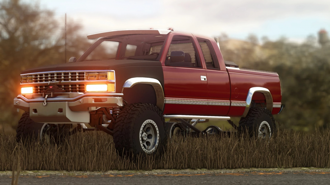 Farming Simulator 25 mod featuring a lifted 1988 Chevy K/1500 truck, emphasizing off-road capability and classic design.