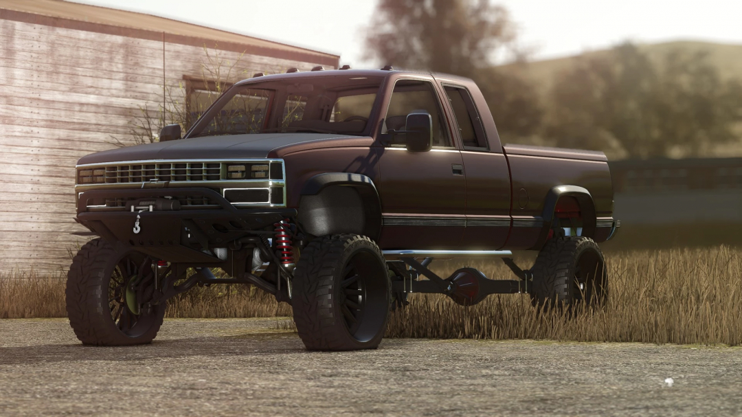 Farming Simulator 25 mods: 1988 Chevy K/1500 pickup truck mod with lifted suspension and off-road tires.