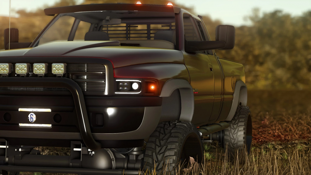 Farming Simulator 25 mod: 2002 Ram 3500 v1.0.0.0 pickup truck parked in a field with detailed lighting effects.