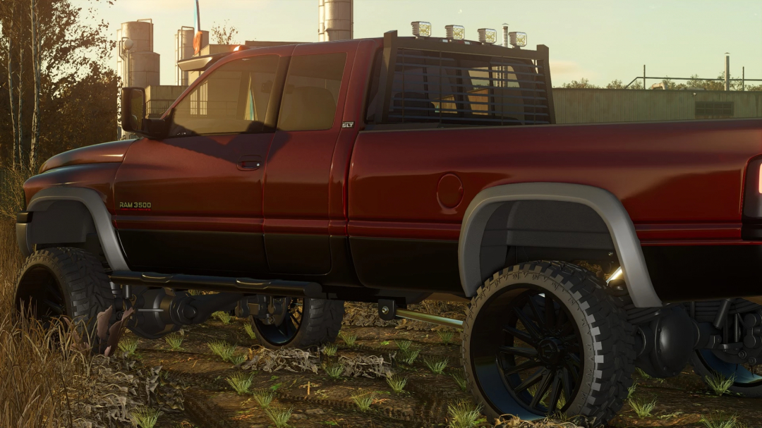 Farming Simulator 25 mod featuring a customized red RAM 3500 pickup truck with off-road tires and a black grille guard, set in an outdoor environment.