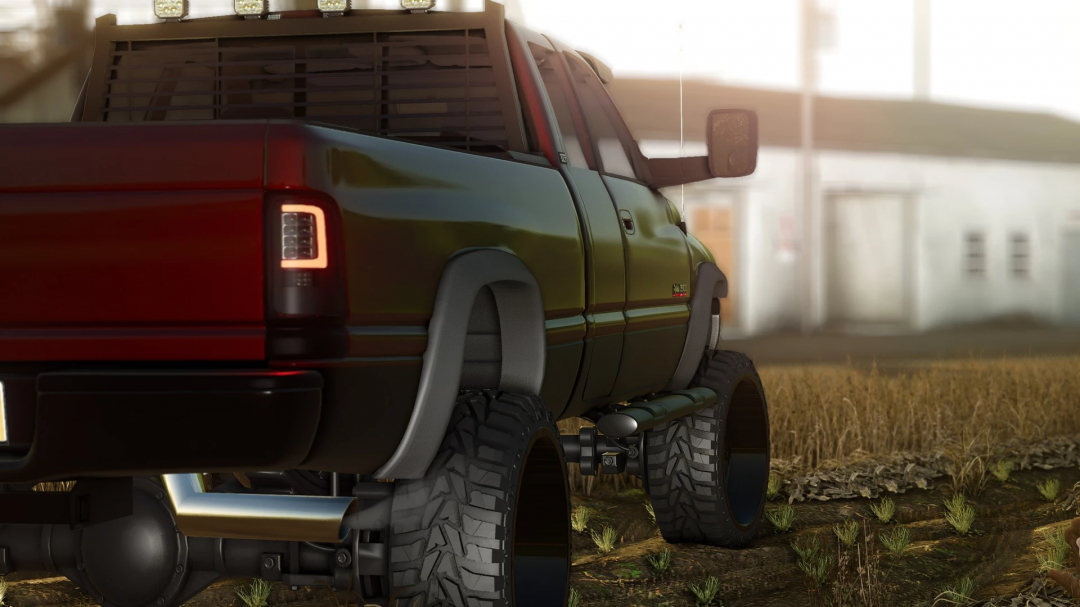 Farming Simulator 25 mod: 2002 Ram 3500 pickup truck on farmland, detailed off-road vehicle for FS25 mods.