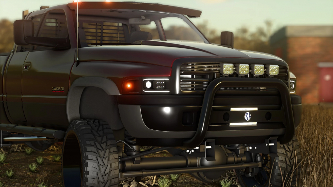Farming Simulator 25 mods: Close-up of a black 2002 Ram 3500 pickup truck with off-road tires and LED lights, showcased in the game.