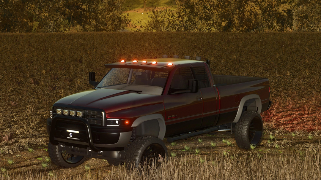 Farming Simulator 25 mod: 2002 Ram 3500 pickup truck off-road in a field, black with custom modifications, suitable for Farming Simulator 25.
