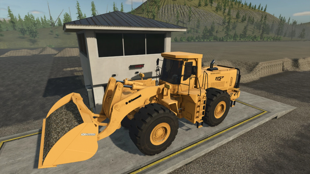 Farming Simulator 25 mod featuring a yellow Kawasaki 115ZV front end loader on a concrete platform.