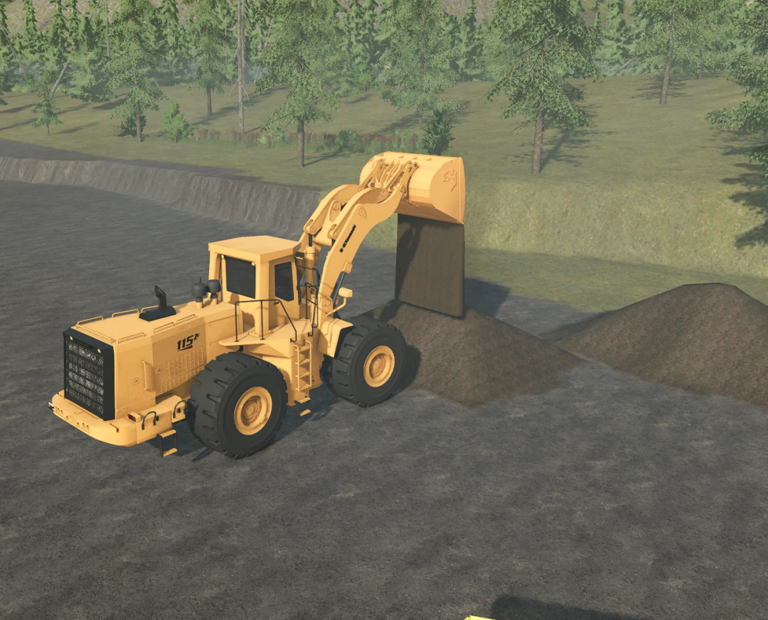 Farming Simulator 25 mod: 2004 Kawasaki 115ZV Front End Loader unloading soil.