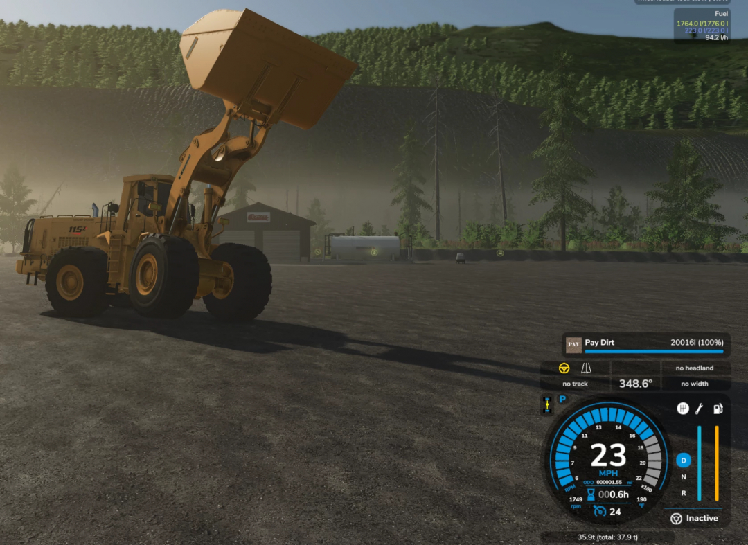 Farming Simulator 25 mod: 2004 Kawasaki 115ZV Front End Loader lifting a load.