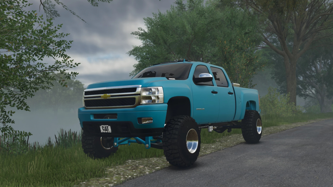 Farming Simulator 25 mod featuring a blue Chevrolet Silverado 2012 truck parked on a rural road surrounded by trees.