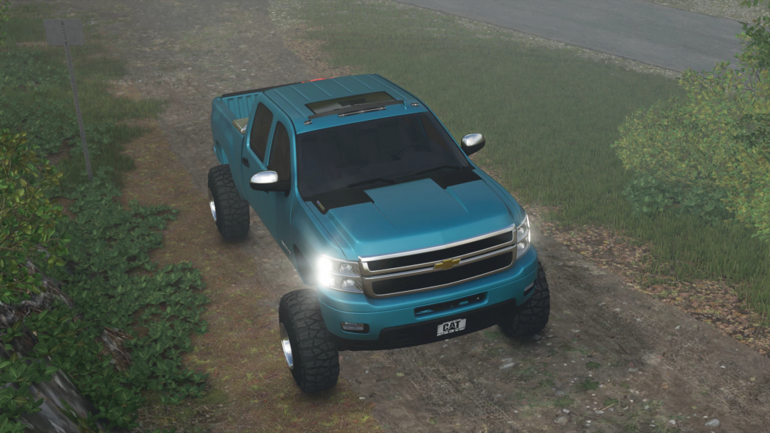 Farming Simulator 25 mod featuring a blue 2012 Chevy Silverado pickup truck on a dirt path, with headlights on, for FS25 mods and Farming Simulator 25 mods.