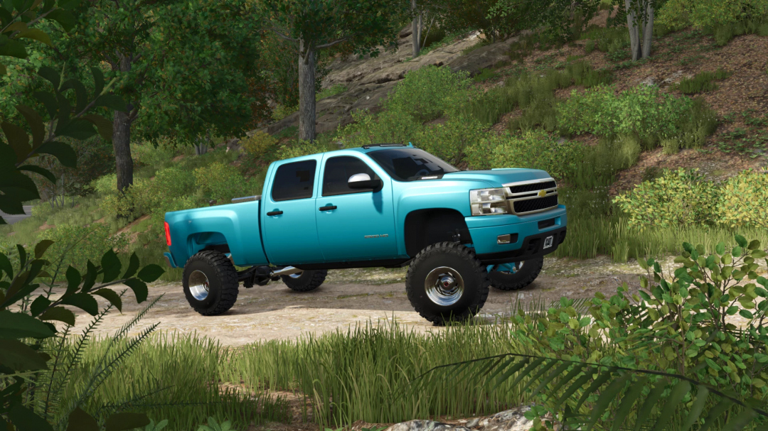 Farming Simulator 25 mod: Blue 2012 Chevy Silverado pickup truck with lifted suspension in a natural outdoor setting.