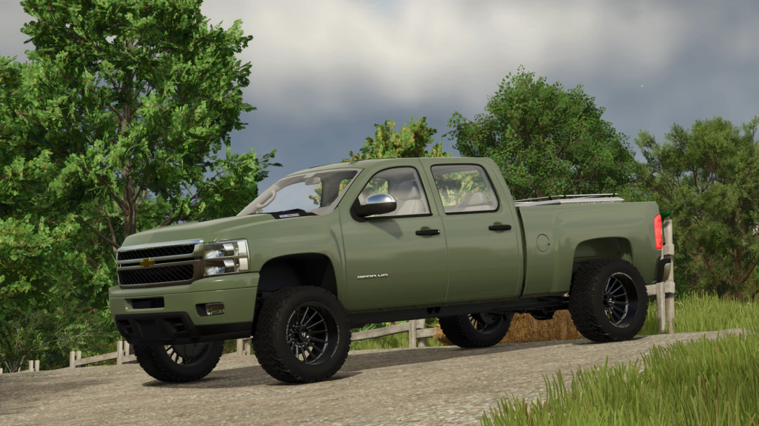 Farming Simulator 25 mod: green 2012 Chevy Silverado pickup truck on rural road with trees, representing FS25 mods.