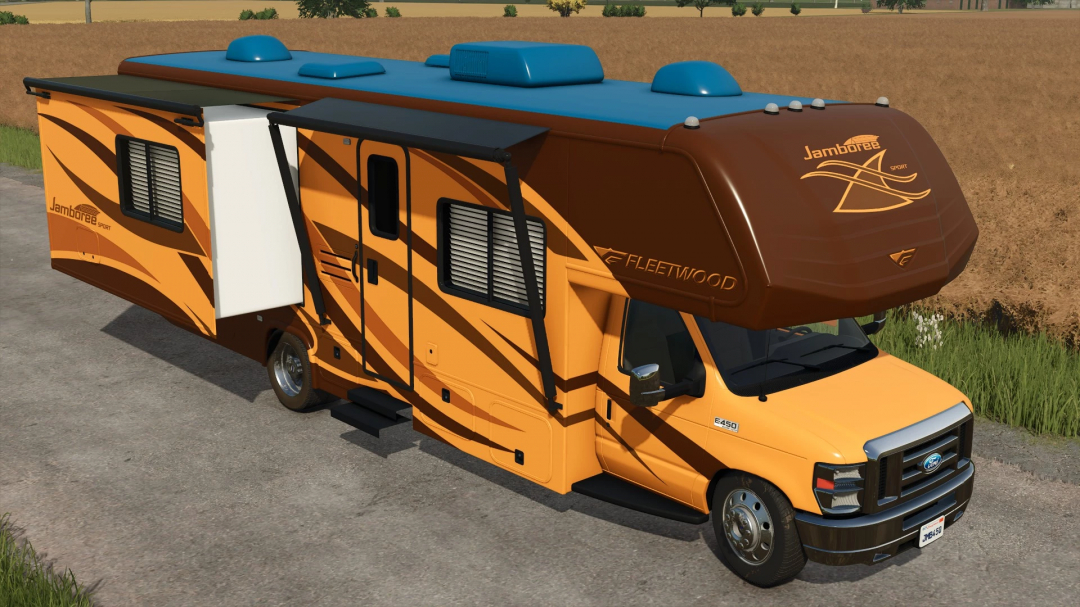 Farming Simulator 25 mod: Fleetwood Jamboree Sport 31M RV in orange and brown for FS25 mods.
