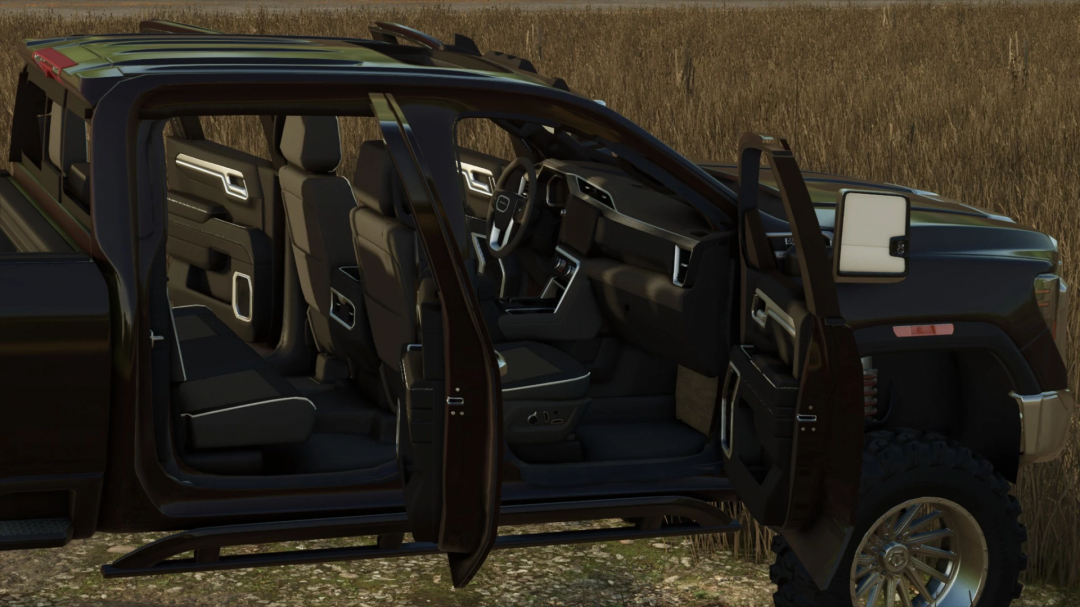 Interior view of the 2024 GMC Denali HD mod in Farming Simulator 25, showcasing the detailed dashboard and seating inside the truck.