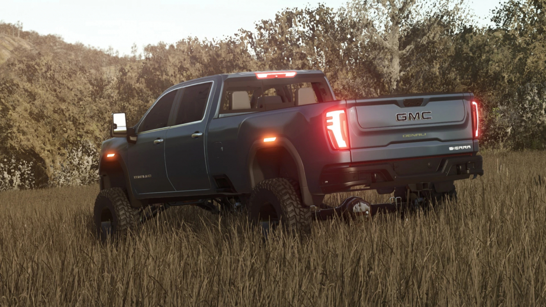 Farming Simulator 25 mod: 2024 GMC Denali HD pickup truck in a grassy field, showcasing realistic vehicle design and lighting effects.
