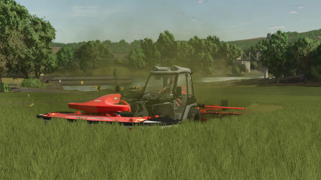 Farming Simulator 25 mod image featuring the AEBI TT 281+ mowing grass in a lush field.