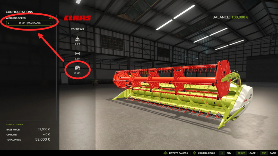 Farming Simulator 25 mod showing the Adjust Working Speed feature, set to 10 KPH, for optimizing equipment performance in FS25.