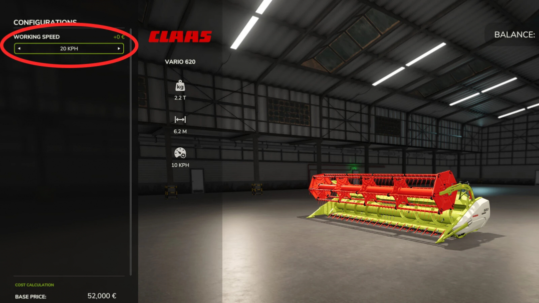 Farming Simulator 25 mod showing adjustable working speed for CLAAS Vario 620 forage harvester, currently set at 20 KPH.